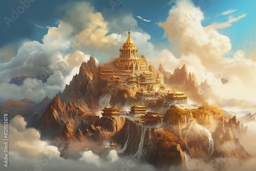 Illustration of Mount Olympus with grand temples and mythical creatures, modern aesthetic. photo