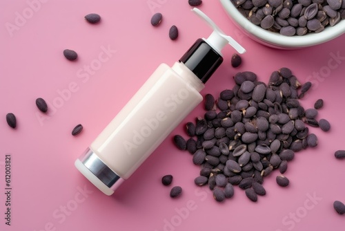 Bakuchiol cosmetic concept with tubes mock up, flat lay. AI Generated. photo