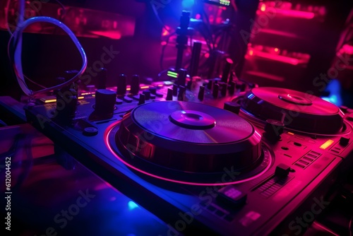 dj turntable and headphones at a nightclub. generative AI illustration.