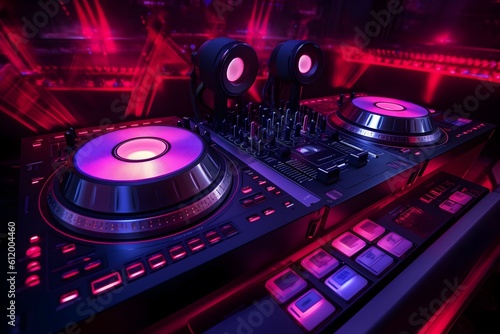 dj turntable and headphones at a nightclub. generative AI illustration.