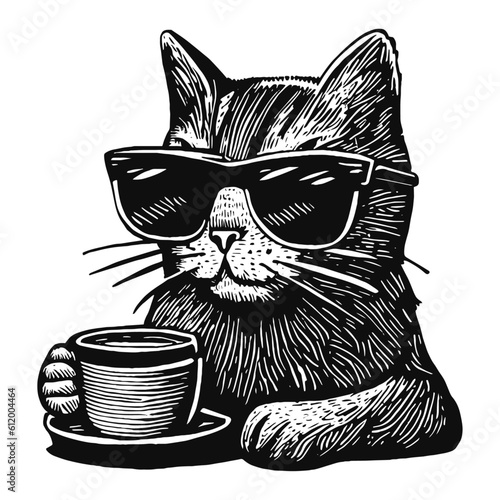Photo cool cat with a coffee cup sketch