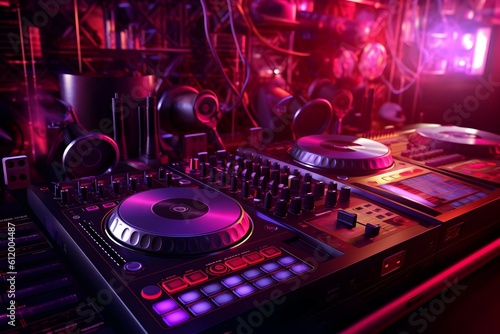 dj mixing equipment on a dark night floor. generative AI illustration.