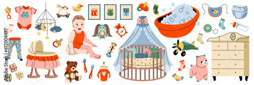 Baby accessories. Different nursery objects, cute newborn with toys, playpen, changing table, clothing and diapers, bed and bath, bottle with pacifier, tidy vector cartoon flat isolated set