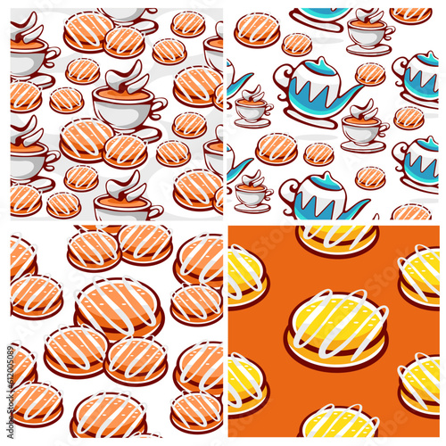 Vector patterns in cartoon style on the theme of tea and bakery.