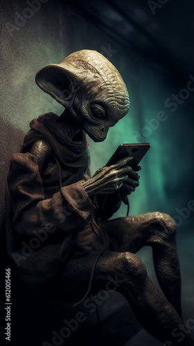 Alien playing with a smartphone