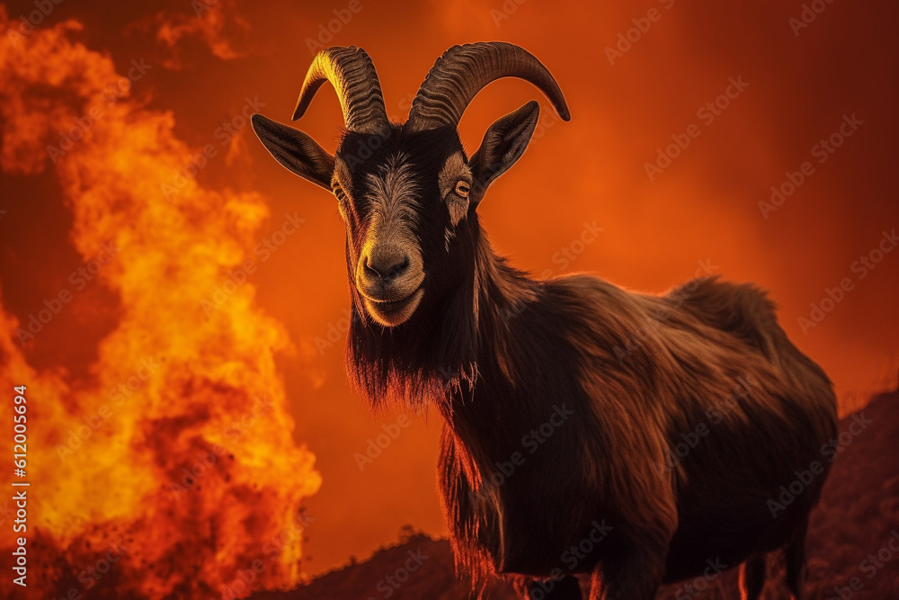 Portrait photo of a goat on a sunset background created with generative ai Portrait photo of a goat on a sunset background created with generative ai