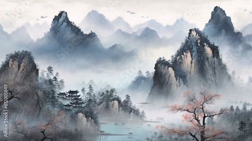 Ink landscape painting in Chinese style and watercolor landscape painting of gentle mountains and river