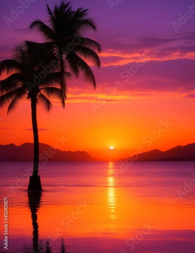 Beautiful sunset over the ocean. . The sun slowly sinks below the horizon. The horizon is outlined by the silhouettes palms and mountains. Generative AI. © Татьяна Пархоменко
