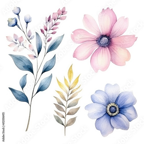 Watercolour floral set on white background - generative AI