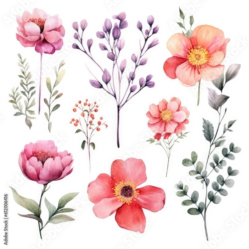 Watercolour floral set on white background - generative AI
