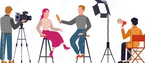Journalist. Newscaster profession. Record press interview. Operator with camera, man with microphone in studio, online broadcast and television industry, cartoon flat isolated vector illustration