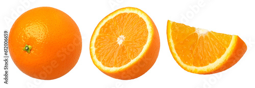 orange fruit, slices, and half isolated, Orange fruit macro studio photo, transparent png, PNG format, cut out