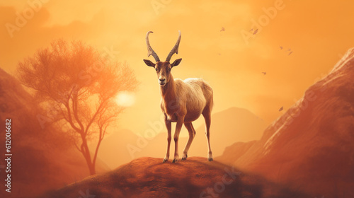Majestic shot of a goat against a golden sunset backdrop  dramatic light. Eid ul azha design created with generative ai