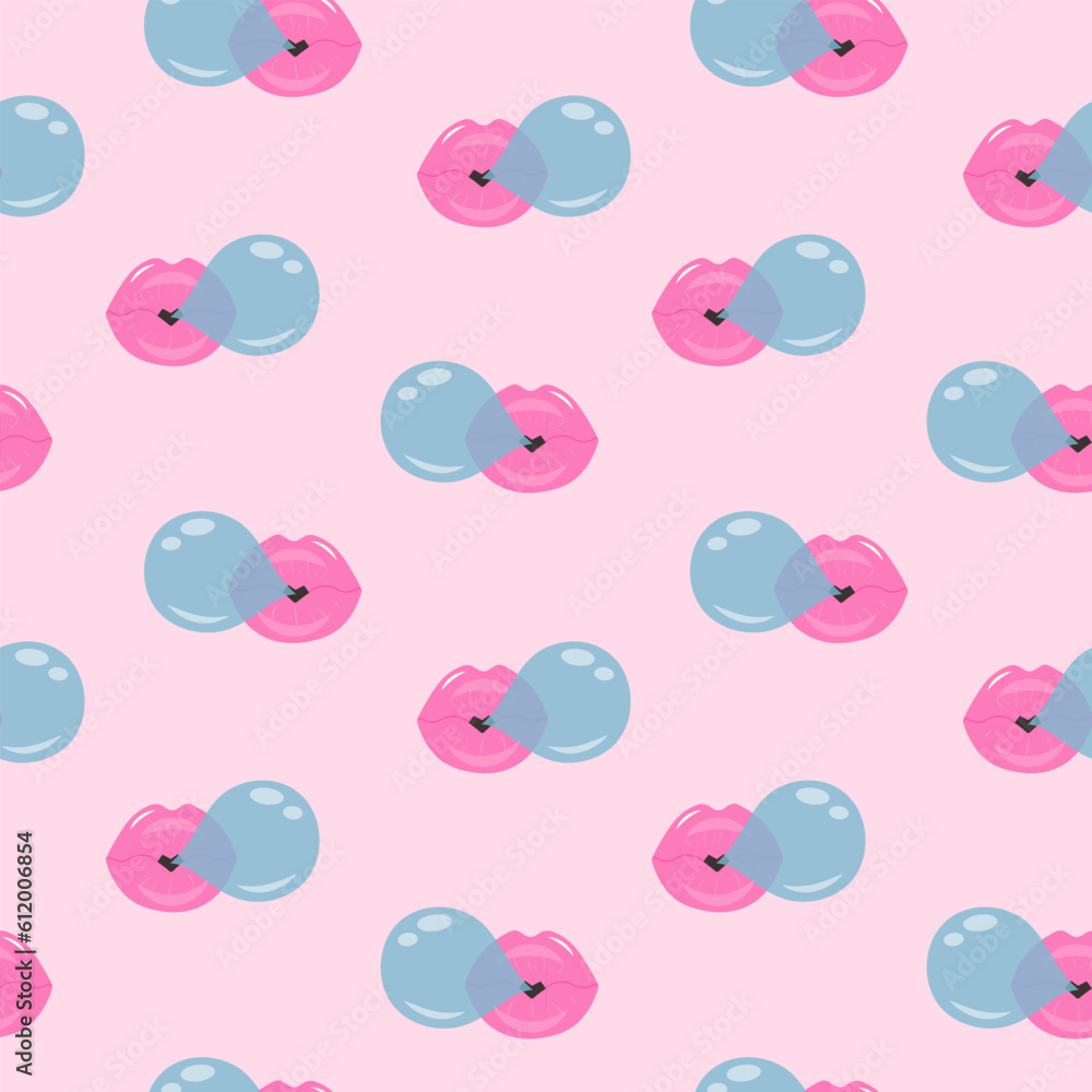 Fototapeta premium Lips blowing bubble gum seamless pattern on pink pastel background. Cute print.