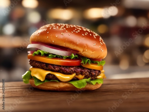 Fresh juicy hamburger on table. AI generated