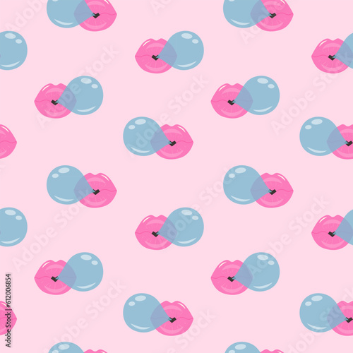 Lips blowing bubble gum seamless pattern on pink pastel background. Cute print.