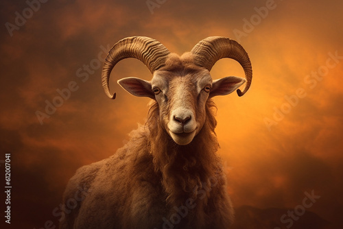 Portrait photo of a goat on a sunset background created with generative ai