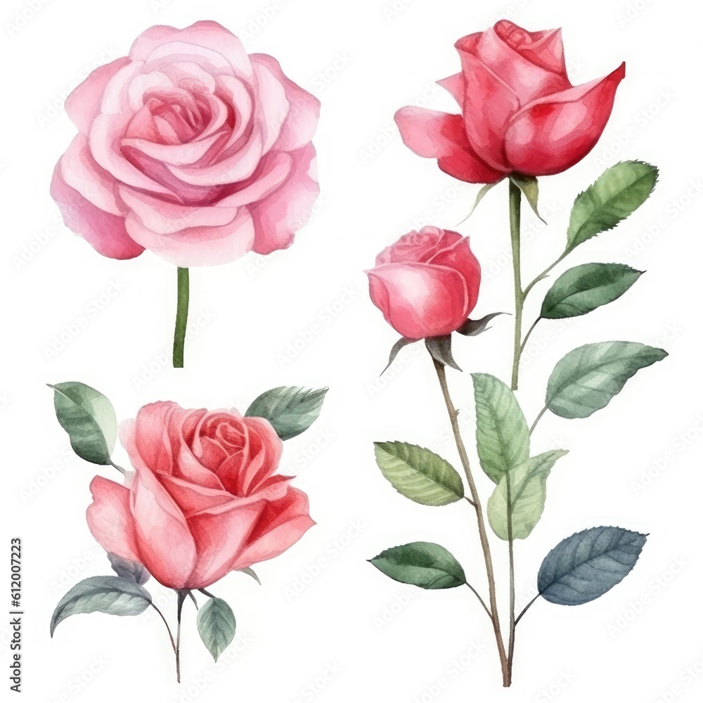 Rose watercolour set collection on white background - generative AI
