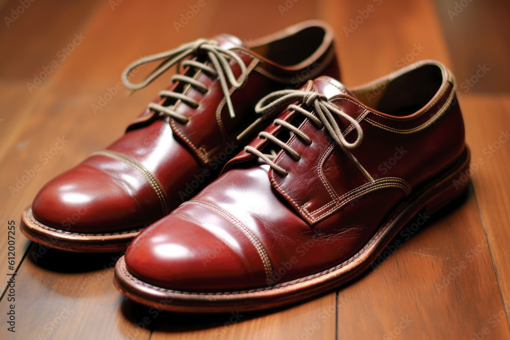 A pair of red derby shoes sitting on wooden floor