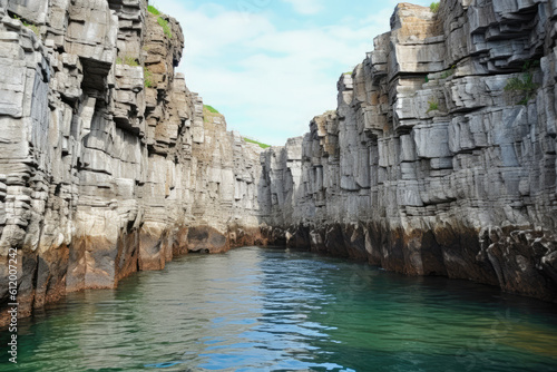 A narrow passageway with rock formations on shore