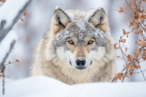 A wolf is standing looking at the camera through some trees in the snow © Florian