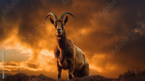 Majestic shot of a goat against a golden sunset backdrop, dramatic light. Eid ul azha design created with generative ai