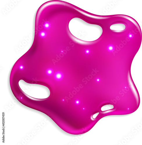 Pink slime. Colorful liquid splash blob isolated on white background. Spot of poison splatter, jelly drop with glitter. Single realistic element. Glossy transparent textures. Vector illustration