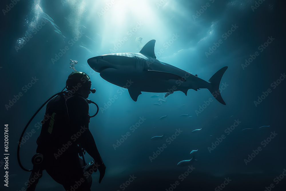 a diver swims with a shark in the maldives in the depths of the ocean, AI a diver swims with a shark in the maldives in the depths of the ocean, AI