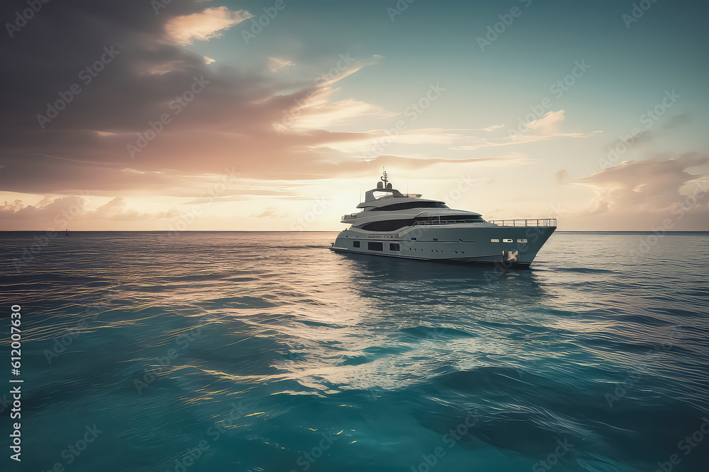 Obraz premium Concept of travel vacation and vessel trip. luxury yacht sailing on ocean in Maldives, tropical island on background, AI