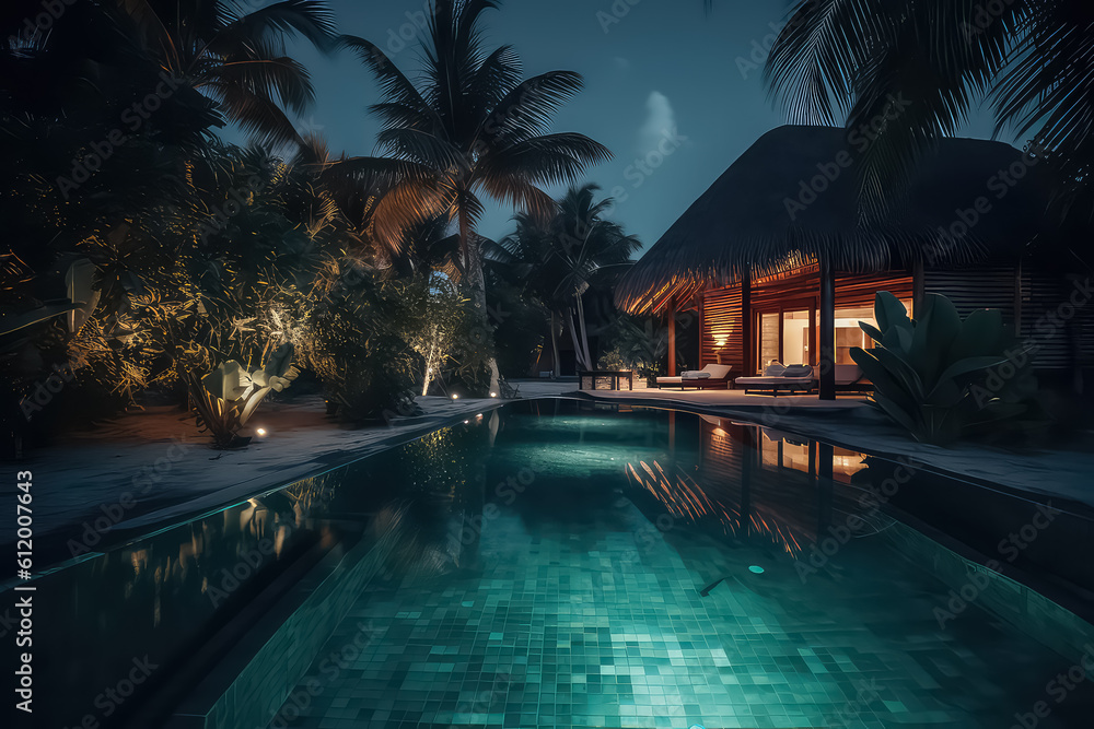 Swimming pool in luxury Maldives Hotel, AI