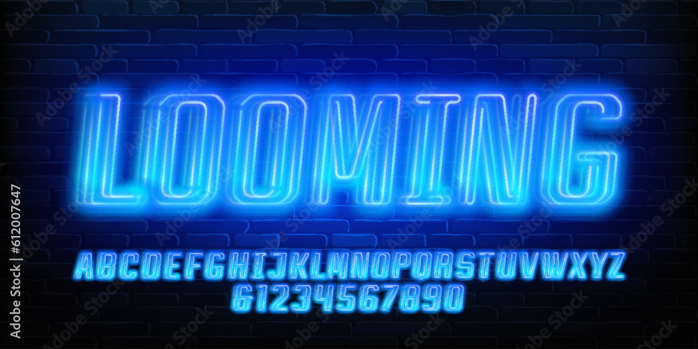 Looming alphabet font. Neon glow futuristic letters and numbers. Brick wall background. Stock vector typeface for your design. Looming alphabet font. Neon glow futuristic letters and numbers. Brick wall background. Stock vector typeface for your design.