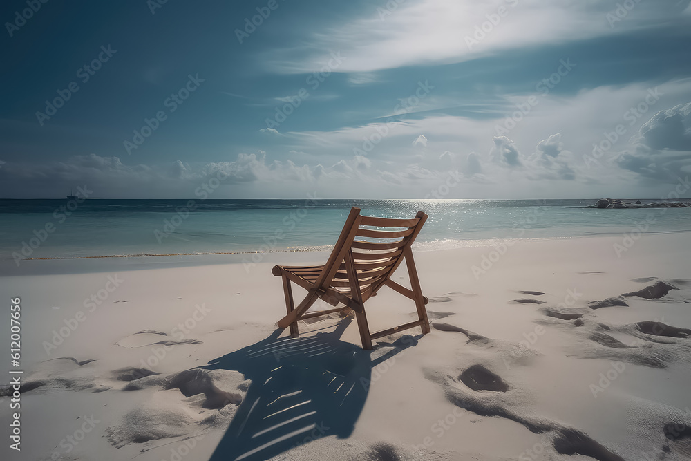Chair on the Maldives beach near the sea, summer holiday and vacation concept for tourism, AI