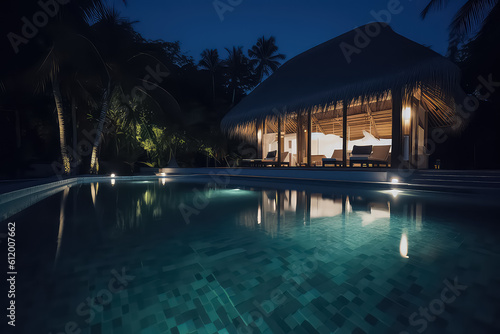 Swimming pool in luxury Maldives Hotel, AI © yurakrasil