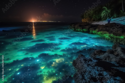 Illumination of plankton at Maldives, bio luminescence, AI