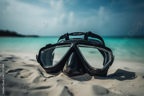 swimming mask on Maldives beach close up, AI
