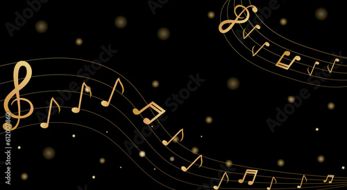 Musical background with clef and notes and 3D effects in gold tone on black background