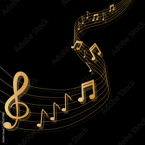 Musical background with clef and notes and 3D effects in gold tone on black background