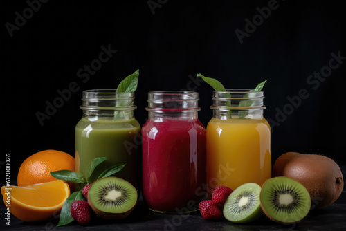 smoothies and juices made from a variety of fresh fruits from the tropics. Clean eating, a healthy diet, and vitamin infused beverages are concepts, generative AI