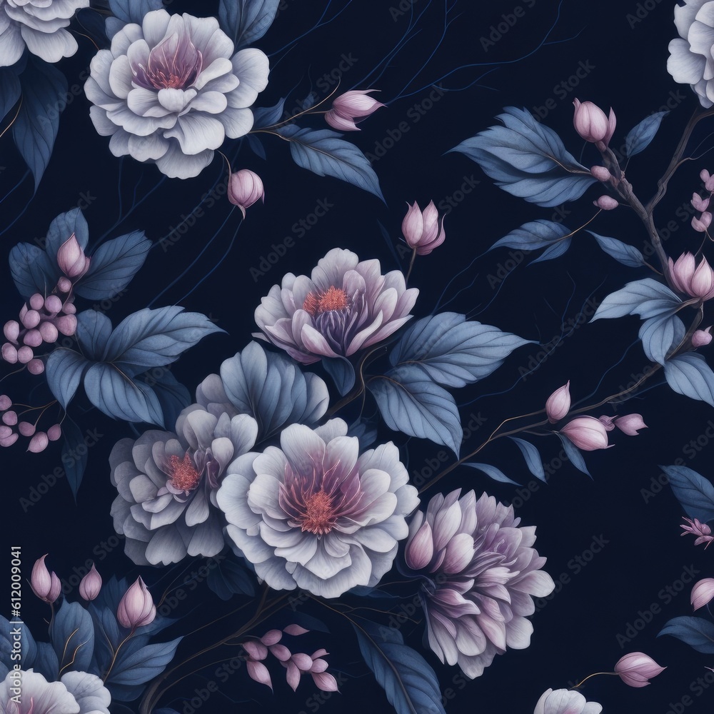 Sakura blossom leaf watercolor on the blue navy background theme pattern flat illustration for scarf production Sakura blossom leaf watercolor on the blue navy background theme pattern flat illustration for scarf production