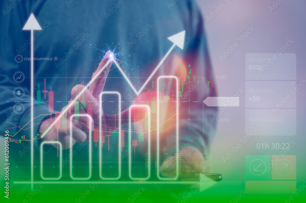 Obraz premium financial investment concept, businessman using smartphone touching virtual trading graph buy and sell share in concept of investment business growth and marketing, cryptocurrency exchange platform
