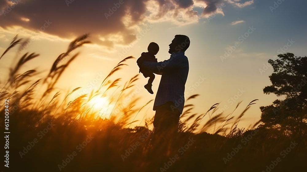 father and son in the park. father's day silhouette happy family child dream concept. father carries his son on his back. dad playing with his son in nature in the park silhouette at sunset lifestyle