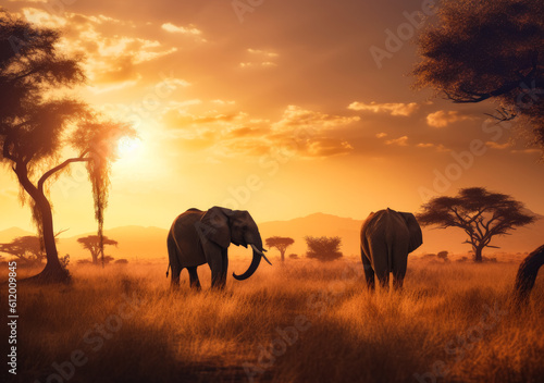 Nature wildlife savannah landscape. Safari sunset with animals. Generative AI. © Vadim