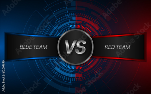 Versus between red and blue on dark background. Background concept for gaming and other competitions with empty space for design. Letter VS for a two-team match.
