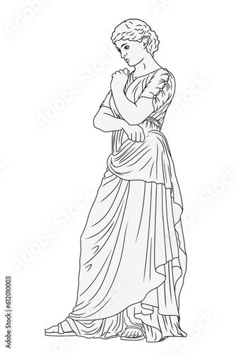 An ancient Greek woman in a tunic standing in a thoughtful pose. Female figure isolated on white background