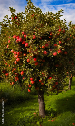 Apple fruit tree in garden. Ripe fruit organic plant. Generative AI. © Vadim