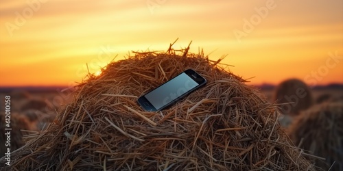 Lies on haystack in the sunset and holds the mobile phone , concept of Technology addiction, created with Generative AI technology photo