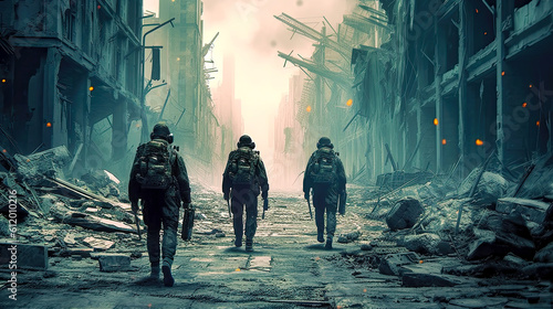 A group of troops walking on city ruins after the nuclear war. Postproducted generative AI illustration. © LeArchitecto