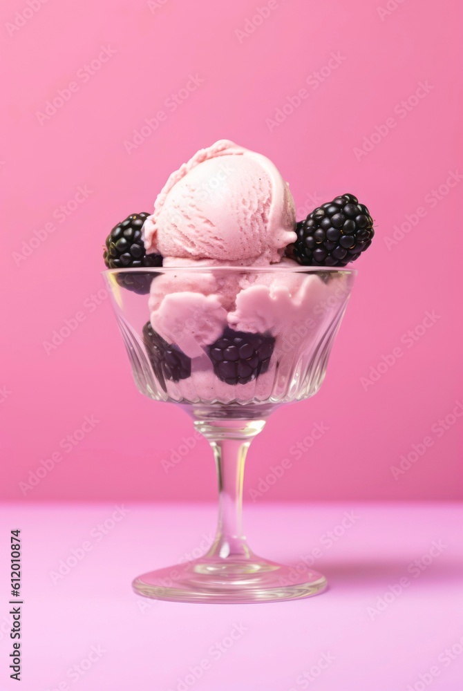 Glass of blackberry ice cream on pink background. Generative AI. Glass of blackberry ice cream on pink background. Generative AI.