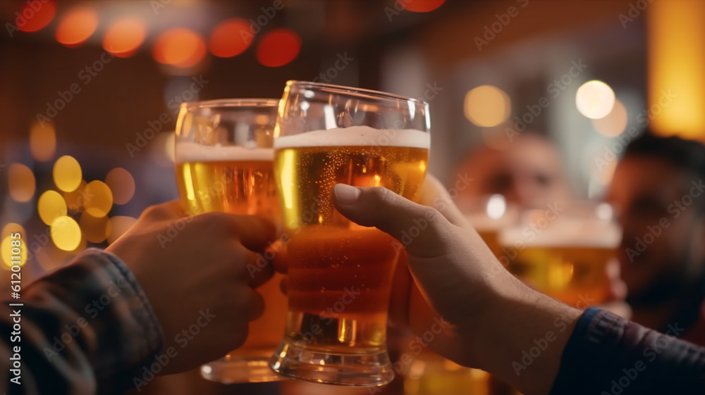 glass of beer in hand, group of happy friends drinking and toasting beer,  generative ai