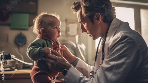 Generative AI happy doctor or pediatrician with baby at clinic photo